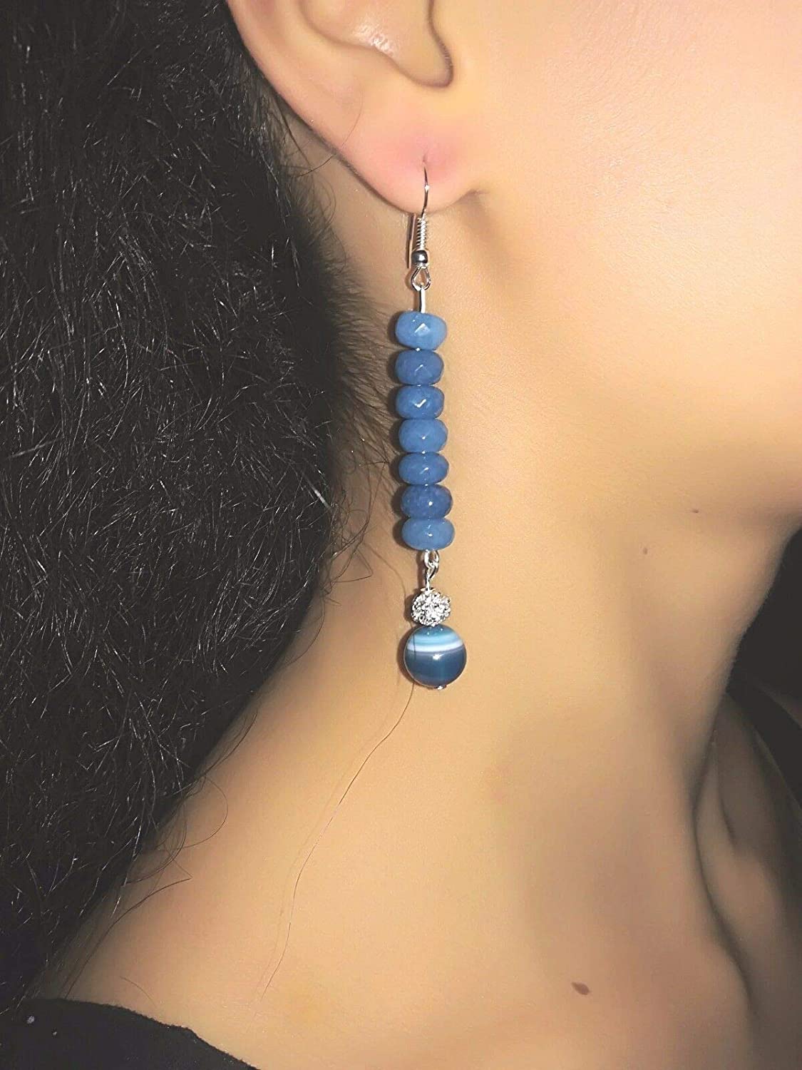 Orecchini Acquamarina, Agata Striata blu, Argento 925 - immagine 7